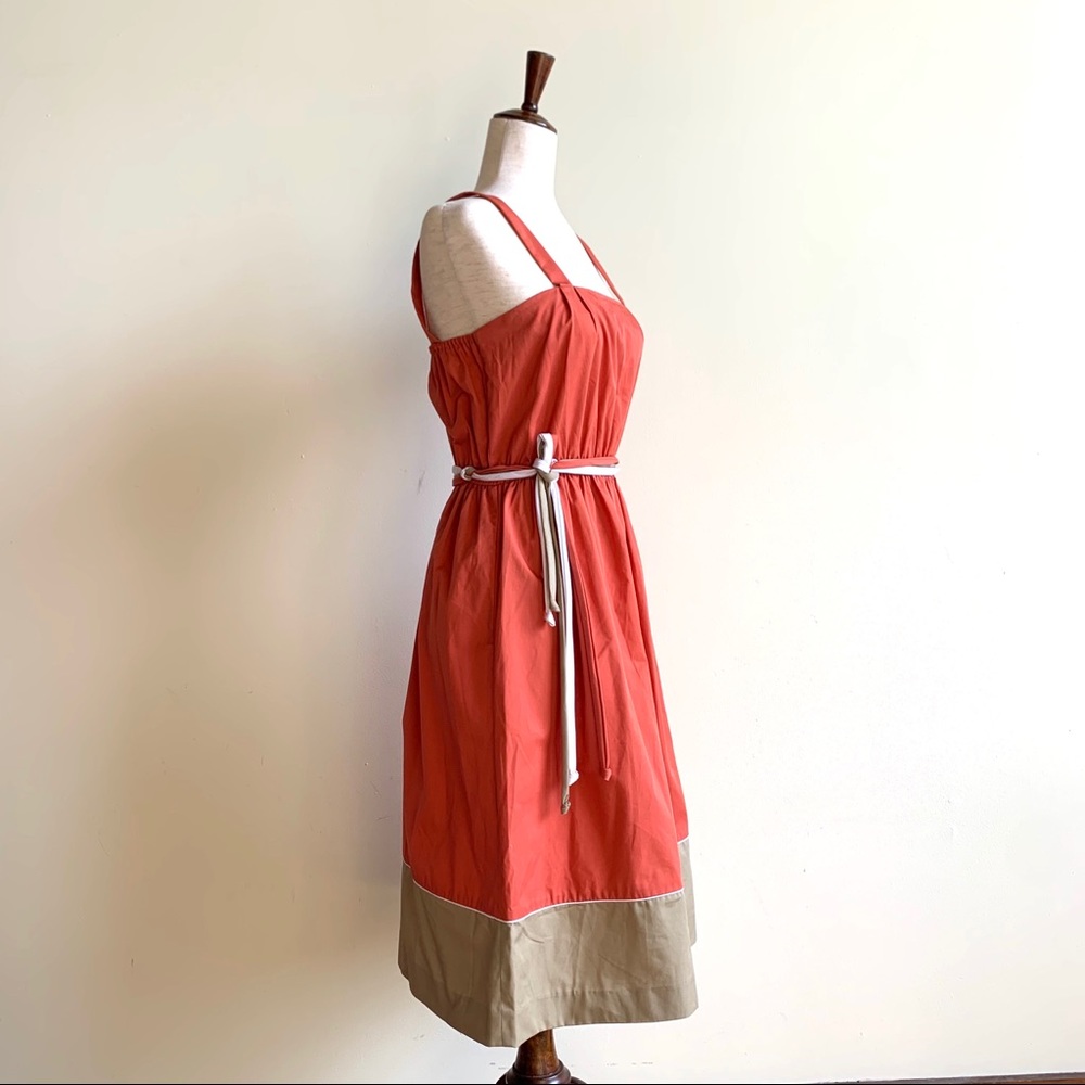 VINTAGE Strappy color-blocked sundress Coral, tan, & white Belted waist Size 10 - Picture 3 of 11